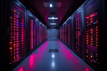 Server room illuminated with glowing colored lights