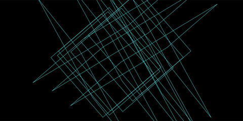 Abstract network of blue lines intersecting against a black background creating a chaotic wireframe pattern.