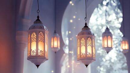 Obraz premium illuminated ornate white and gold ramadan lanterns creating a glowy festive ambiance with intricate islamic design for eid celebrations and elegant traditional hanging decor