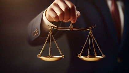 Scales of Justice: A hand holding a classic scales of justice against a dark, professional background. Emphasizing the core tenets of fairness, law, and judicial processes.