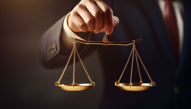 Scales of Justice: A hand holding a classic scales of justice against a dark, professional background. Emphasizing the core tenets of fairness, law, and judicial processes.