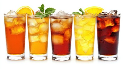 Fototapeta premium Five refreshing glasses of iced beverages with citrus garnishes on a white background