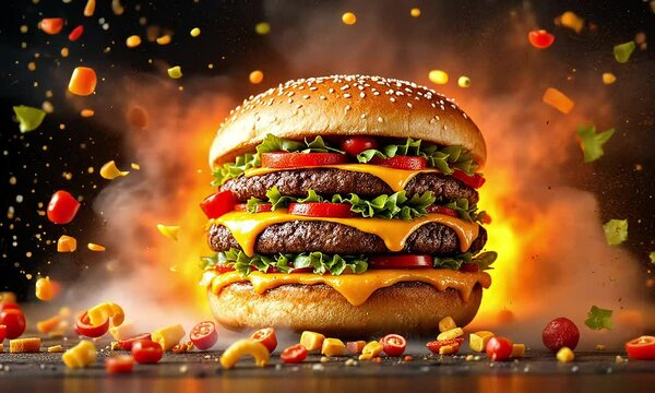 Double Cheeseburger with Flaming Explosion and Flying Ingredients