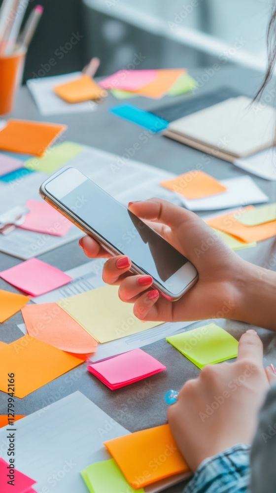 Poster Busy professional handling multiple tasks with smartphone amidst colorful sticky notes on a cluttered desk, symbolizing time management, stress, and approaching deadlines