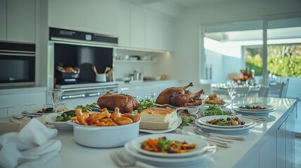 Festive dining scene with roasted turkey and side dishes in a modern kitchen setting
