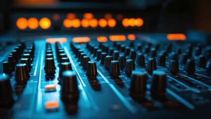 Professional sound mixer with colorful knobs and sliders in recording studio, featuring blue and orange color scheme.
