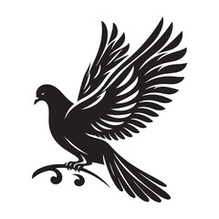 Dove Bird Silhouette Vector Illustration, Solid White Background.