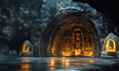 dramatic cavern where lava flows illuminate ancient carvings on the walls, Generative AI