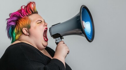Confident plus size model with multicolored hair shouting into a megaphone, expressing strong emotions against a light gray background, embodying empowerment and self expression
