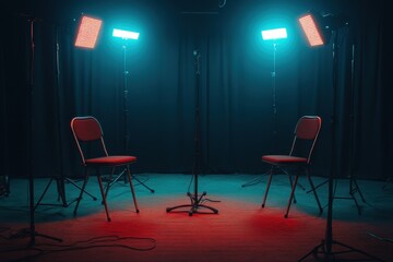 Empty chairs & microphone stand under vibrant studio lighting. Ideal for podcast, interview, or talk show concepts.