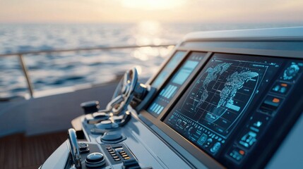 A luxurious and technologically advanced yacht equipped with an AI powered holographic navigation system sailing across the open waters at sunset