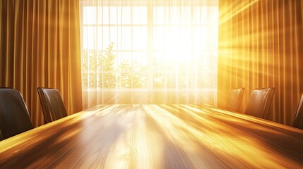Elegant curtains flowing in a sunlit dining room, with a wooden table and a modern roof design. Copy space.
