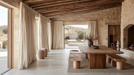 Obraz premium Elegant modern home with curtain-lined dining space, warm-toned wooden roof, and a simple yet stylish table.