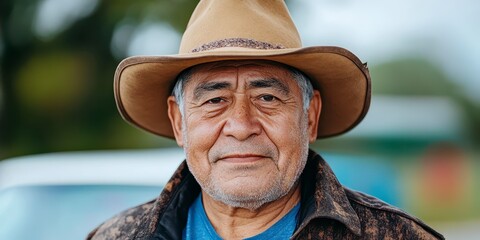 Fototapeta premium Portrait Of A Calm Senior Man Wearing A Brown Cowboy Hat Outdoors