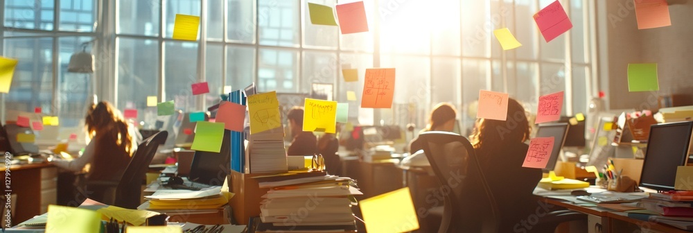 Aufkleber Busy office environment with sticky notes floating in the air, symbolizing multitasking and deadline pressure. Workers focus on tasks amidst the chaos of time management challenges