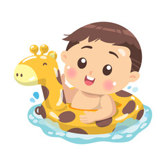 The boy wearing a swimming ring and floating on water white background