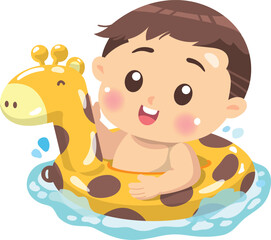 The boy wearing a swimming ring and floating on water white background