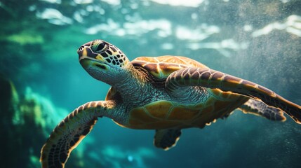 Obraz premium Sea Turtle Swimming Underwater in Teal Ocean