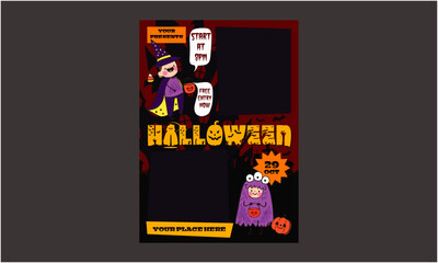 Halloween day Flyer. Spooky Halloween scene featuring a pumpkin-headed figure under a full moon, with bats, ghosts, and eerie purple background, perfect for Halloween decorations and designs.