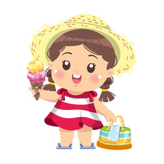 cartoon girl wearing red white striped dress and eating ice cream