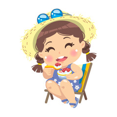 cartoon girl sitting on beach chair and eating eating shaved ice