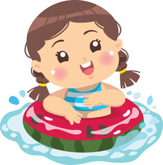 The girl wearing a swimming ring and floating on water