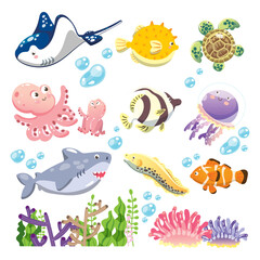 set of cartoon ocean animals illustration isolate white background