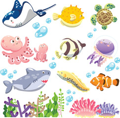 set of cartoon ocean animals illustration isolate white background