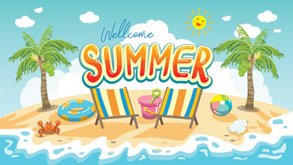 welcome summer font art with beautiful beach banner background © Sarisa