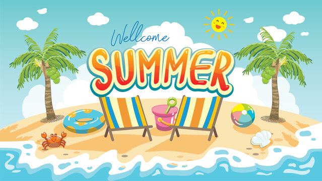 welcome summer font art with beautiful beach banner background