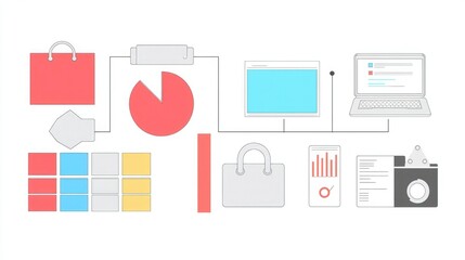 Fototapeta premium A minimalist illustration featuring business icons like laptops, charts, bags, and data elements, representing modern work and analytics.