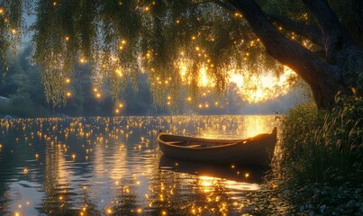 tranquil riverbank where a small boat is moored under weeping willow trees, and fireflies glow in the dusk, Generative AI