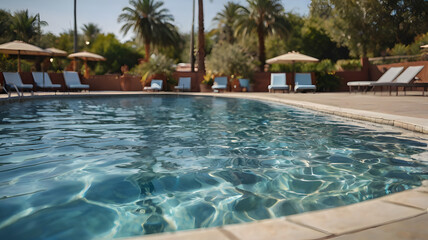 Fototapeta premium Tranquil Oasis: A pristine swimming pool shimmers invitingly under the warm sun, lined with comfortable lounge chairs and parasols, offering a serene escape.