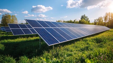Solar panels in a field under a partly cloudy sky. Rows of photovoltaic panels are mounted on metal frames in a grassy field.