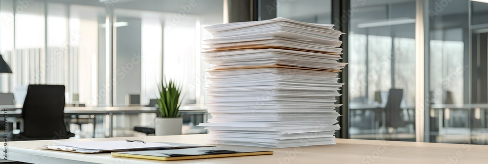 Poster large stack of documents sits on a desk in a modern office, symbolizing multitasking and deadline pr