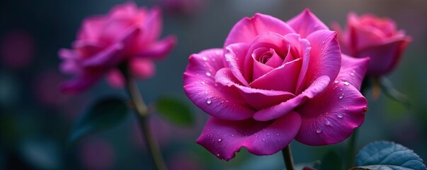 Fototapeta premium Soft focus image of dew drops on purple rose petals with water droplets, bloom, botanical, close up