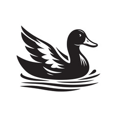 Duck Bird Silhouette Vector Illustration, Solid White Background.