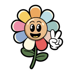 A cartoon flower with a smiling face and a peace sign on its head