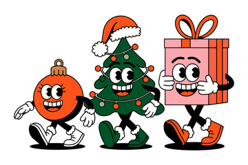 Fototapeta premium Three cartoon retro characters for Christmas, gift, tree, ball, vector groovy illustration