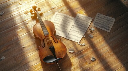 Naklejka premium Sunlit violin and sheet music on wooden floor.