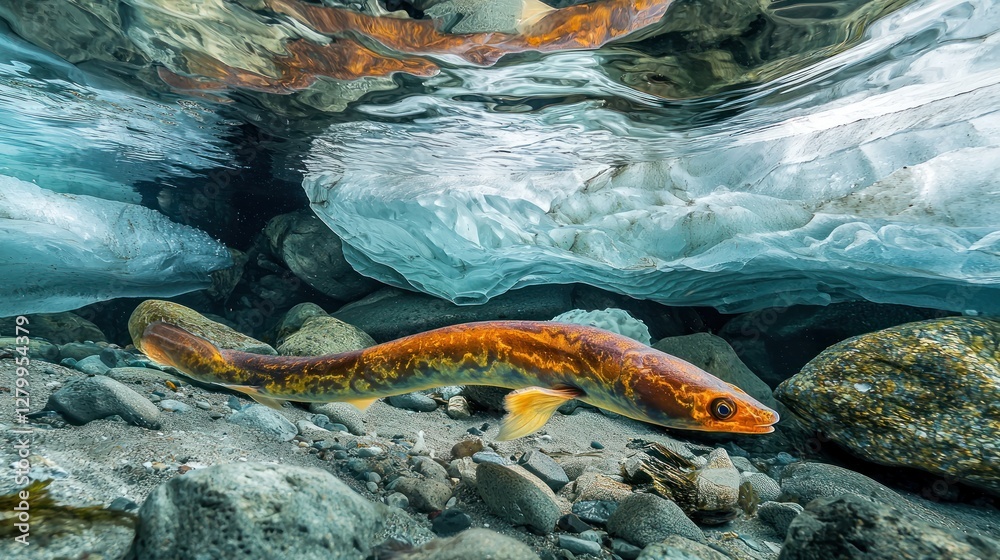 Poster Underwater fish near ice in river.