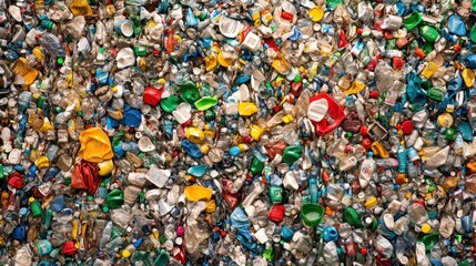 Fototapeta premium Recycled plastic waste, colorful plastic fragments, discarded bottles and containers, a large pile of crushed, broken plastic debris.