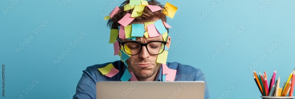 Poster Office worker overwhelmed with sticky notes multitasks at a laptop, symbolizing stress and chaos in managing deadlines and tasks. Bright background and colorful notes emphasize the hectic scene