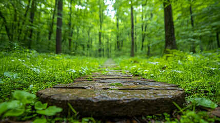 Fototapeta premium Stone path through lush green forest, nature walk