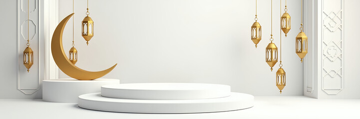 Ramadan Kareem Background with Golden Crescent Moon and Lanterns