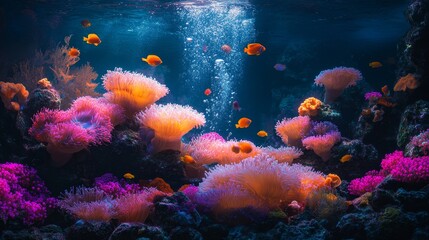 vibrant coral reef where divers swim among colorful fish and glowing sea anemones under crystal-clear waters, Generative AI