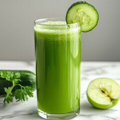 Refreshing green juice with cucumber, apple, and garnish served in a clear glass on a marble countertop