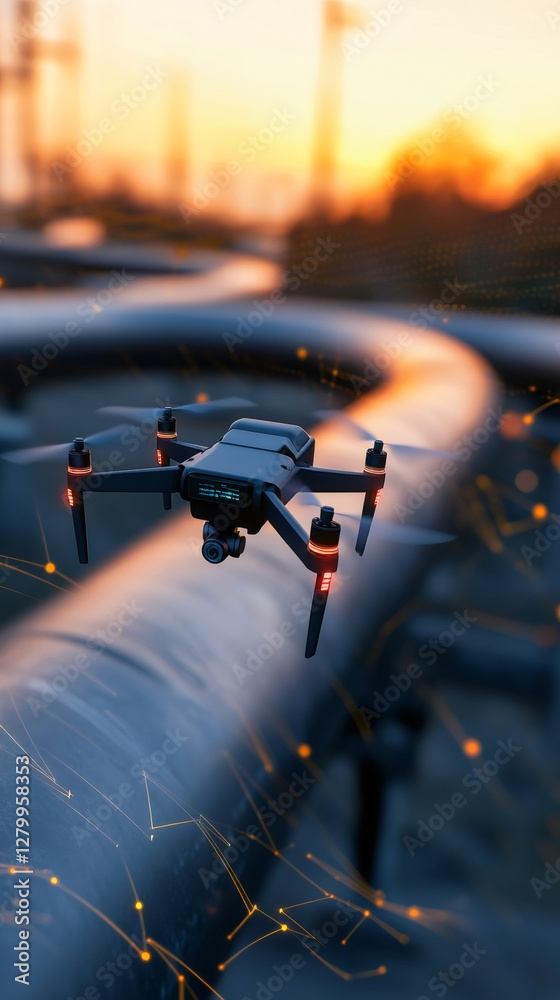 Poster drone hovers over a pipeline at sunset, conducting an inspection to ensure safety and efficiency in 
