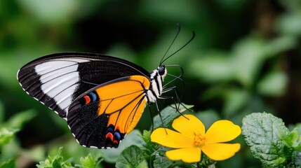 Fototapeta premium Beautiful butterfly on a yellow flower, vibrant colors, nature scene, perfect for backgrounds, prints, or advertising