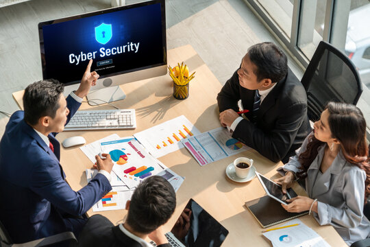 Cyber security system on computer screen protect private information snugly from hacker and cyber attack